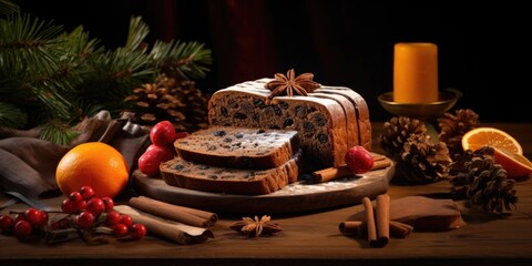 Obraz premium An enchanting image capturing the allure of a perfectly sliced fruitcake, showcasing the unmistakable aroma of cinnamon, nutmeg, and a hint of cloves gently wafting through the air, inviting
