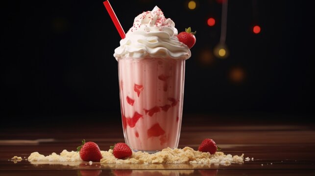 A tantalizing shot of a strawberry shortcake milkshake, capturing the perfect blend of flavors in a single glass a creamy, frothy concoction made with freshly pureed strawberries, rich vanilla