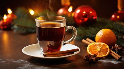 Obraz premium Wisps of aromatic steam swirl gracefully from a festive mug, revealing a tantalizing glimpse of beautifully mulled wine. The scent of nutmeg, ginger, and alle lingers playfully, promising
