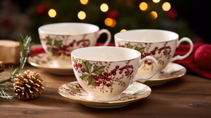 Obraz na płótnie Canvas Dainty porcelain cups, adorned with delicate floral patterns, hold steaming mulled wine. The intricate designs accentuate the rich color of the beverage, transporting the drinker to a fairytalelike