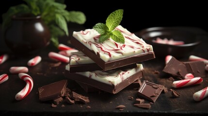 Fototapeta na wymiar A visual feast for the eyes presenting a closeup shot of a peppermint bark sful, where the smooth and glossy dark chocolate base serves as a canvas for twirls of creamy white chocolate and