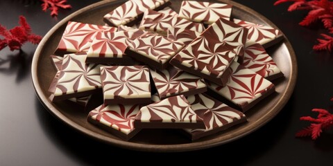 Obraz na płótnie Canvas A visually stunning aerial shot of a peppermint bark tray, perfectly arranged to showcase the stunning mosaiclike pattern created by the alternating layers of dark chocolate and white chocolate,