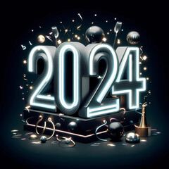 New Year 2024 illustration concept. Neon New Year 2024 number with christmas decorations.