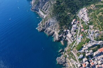 Aerial view of Riomaggiore, Riomaggiore in the province of La Spezia in Liguria. An ancient village...
