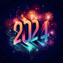 New Year 2024 illustration concept. Colorful New Year 2024 number against the fireworks.