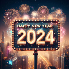 New Year 2024 illustration concept. Gold Happy New Year 2024 sign against fireworks and city at midnight.