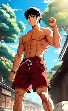 Anime muscular man, anime male man portrait. Manga style, japanese cartoon, anime boy working out.