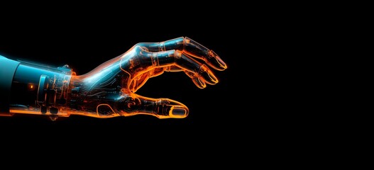 virtual real digital hand in motion on black background,  bionic hand,Neural network connection. Communication with artificial intelligence, copy space for text, AI technology concept
