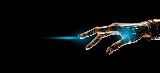 Naklejka premium virtual real digital hand in motion on black background, bionic hand,Neural network connection. Communication with artificial intelligence, copy space for text, AI technology concept