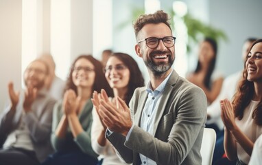 A young man startupper is clapping on a business conference