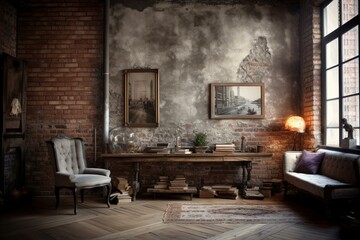 Vintage loft ambiance with weathered brick walls. Generative AI