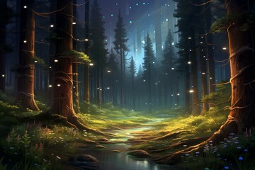 Image depicting a serene pine forest illumined by enchanting fireflies. Generative AI