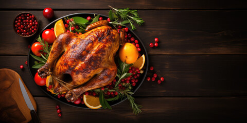 A dish with a large roast turkey stands on a wooden table, ai generated - obrazy, fototapety, plakaty