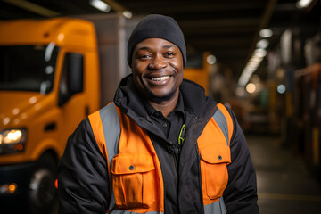African American transportation factory truck driver standing and smiling by action arms crossed in front of lorry at container yard of port on evening - obrazy, fototapety, plakaty