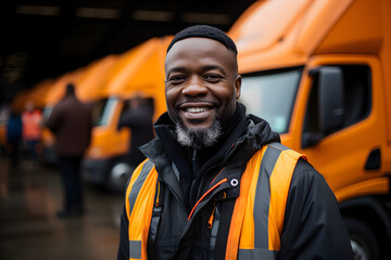 African American transportation factory truck driver standing and smiling by action arms crossed in front of lorry at container yard of port on evening - obrazy, fototapety, plakaty