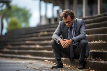Business man in depression sitting on ground street concrete stairs suffering from overwork and stress - obrazy, fototapety, plakaty