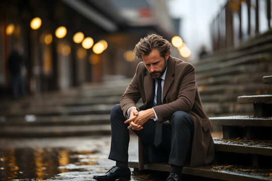 Business man in depression sitting on ground street concrete stairs suffering from overwork and stress