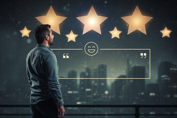 Customer Review good rating concept art, A man thinking of seeing stars, Businessman looking at stars in copy space background, Concept of giving positive happy reviews online, man gives testimonial