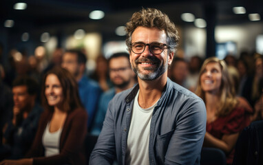 Fototapeta premium A young man startupper is clapping on a business conference