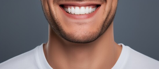 Smiling young man against grey background Whitened teeth