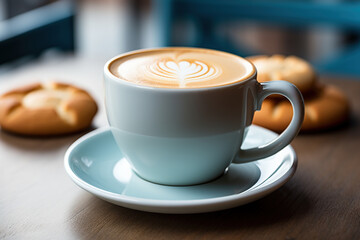 Fototapeta premium Hot drink milk foam in leaf tree on top of latte art from professional barista artist on table. Cup mug of coffee on gray blue background. Top view. Empty space place for text, copy paste.