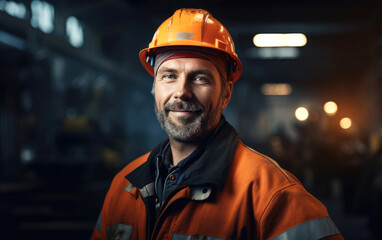 A confident smiling factory worker wearing a helmet, manufacturing plant