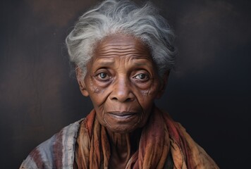 an elderly woman is watching the camera vibrant colorism dark silver and light brown textural sensations quantumpunk chromatic joy