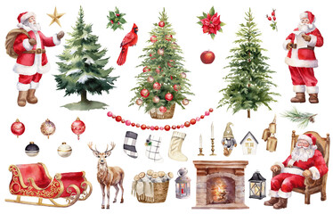 Watercolor Christmas illustration. Santa Clause, Christmas tree, deer, fireplace, Santa sleigh,  ornaments clipart PNG. Decoration for holiday cards, background PNG - obrazy, fototapety, plakaty