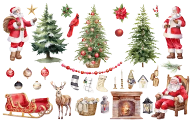 Fotobehang Watercolor Christmas illustration. Santa Clause, Christmas tree, deer, fireplace, Santa sleigh,  ornaments clipart PNG. Decoration for holiday cards, background PNG © Nataliya Kunitsyna