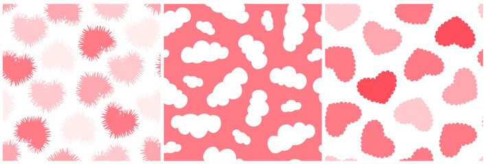 A set of seamless patterns with fluffy hearts, gentle clouds. Cute festive print for Valentine's day. Vector graphics.