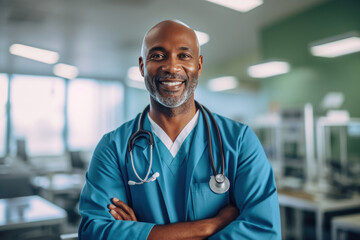 Portrait of smiling middle aged black man doctor standing in hospital. African american male physician working in clinic. Medicine, healthcare concept - obrazy, fototapety, plakaty