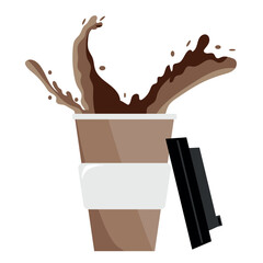 takeaway coffee cup with splashes from it and black lid, vector illustration