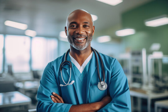Portrait of smiling middle aged black man doctor standing in hospital. African american male physician working in clinic. Medicine, healthcare concept