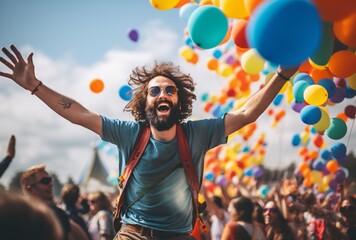 man having fun at a festival with balloons, joyful chaos - obrazy, fototapety, plakaty