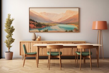 modern furniture in a dining room 3d rendering, light emerald and light brown, australian landscapes, traditional oil painting, minimalistic japanese, captures the essence of nature, american - obrazy, fototapety, plakaty
