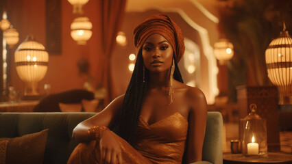 a high value african woman in a luxury room magic around, warm ambiance