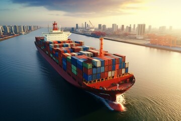 A container ship sailing in the ocean, transporting cargo for export by sea freight. Generative AI