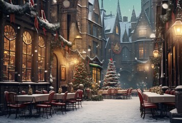 table top restaurants and cafes on a snow covered street, festive atmosphere, elegant cityscapes, light red and dark emerald, romanesque art, dutch and flemish, dreamy atmosphere, dark beige and red - obrazy, fototapety, plakaty