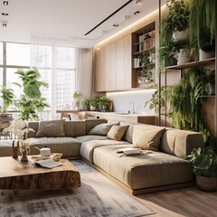 the white and beige couch in the kitchen has plants, textured canvas, dreamlike naturaleza, installation creatora couch with plants sits in the modern house, soft brushwork, beige and amber, danish