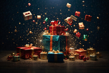 Christmas presents on dark background, dynamic, commercial