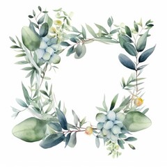 Watercolor Eucalyptus leaf frame with a mix of eucalyptus and other foliage on white. AI generated