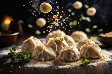 dumplings on dark background, dynamic