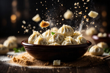 dumplings on dark background, dynamic