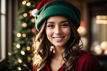 portrait of a pretty young woman in christmas santa's hat
