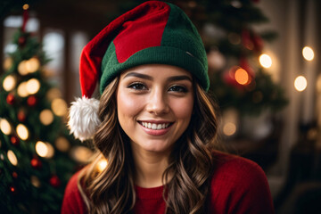 portrait of a pretty young woman in christmas santa's hat