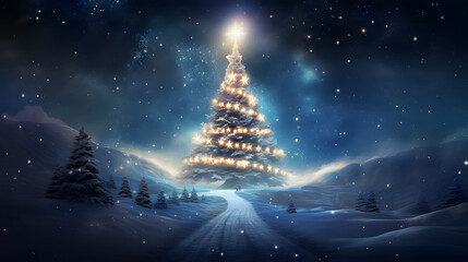 Christmas tree in winter landscape with snow and stars - 3d illustration. Fantastic winter landscape with christmas tree. - Powered by Adobe