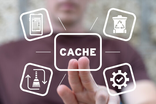 Man using virtual touch screen clicks word: CACHE. Cleaning mobile phone from trash files. Deleting documents with cleansing software. Cache and spam concept for website design or landing web page.