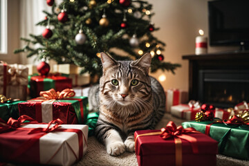 Cat by a christmas tree