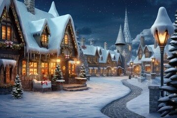 Vintage style snowy Christmas village scene - AI Generated - obrazy, fototapety, plakaty