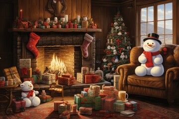Interior of cozy cottage with plush snow man during Christmas holiday - AI Generated